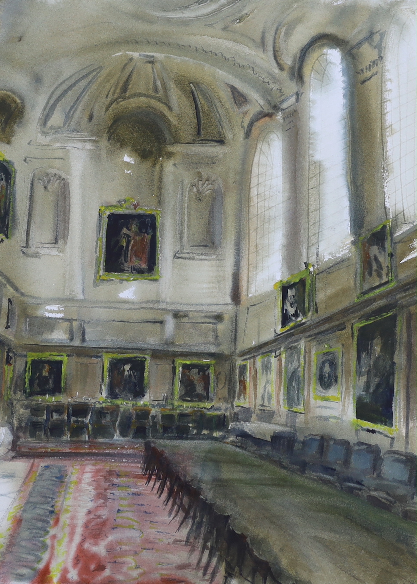 Modern British, watercolour, Grand interior with domed ceiling, indistinctly signed, 57cm x 42cm
